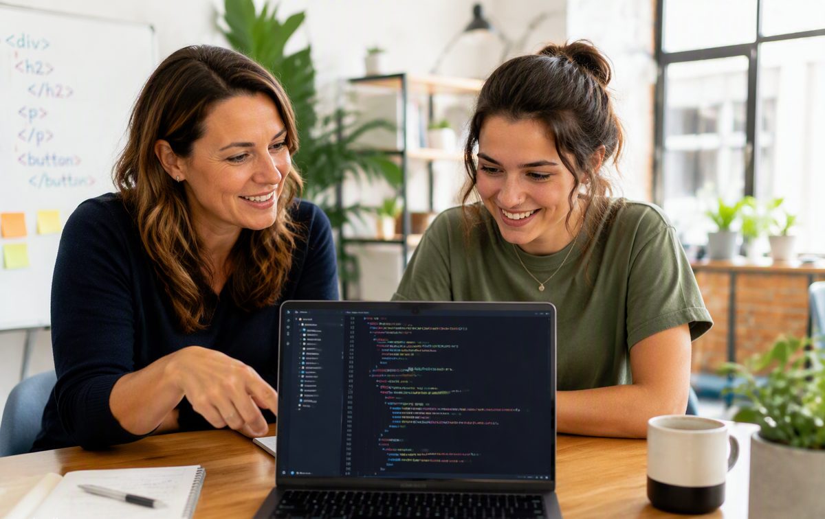A DevCourseLab mentor reviewing code together with a student on one laptop