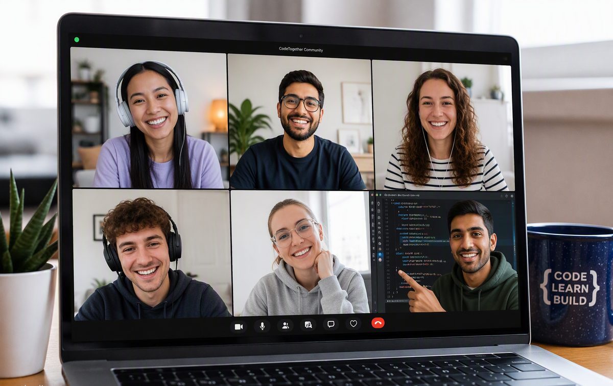 Video call grid with DevCourseLab students and a mentor presenting code