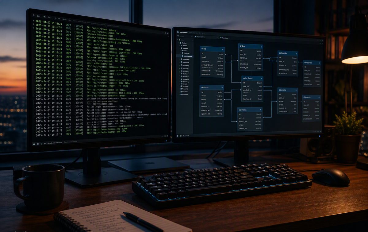 Developer desk with two monitors showing server logs and database schemas