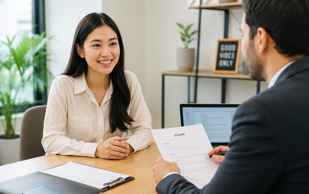 Friendly mock job interview between a candidate and an interviewer