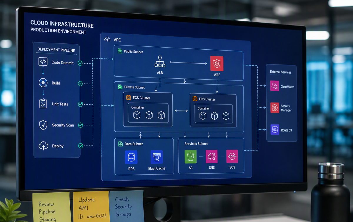 Screen showing a cloud infrastructure diagram with deployment pipeline arrows