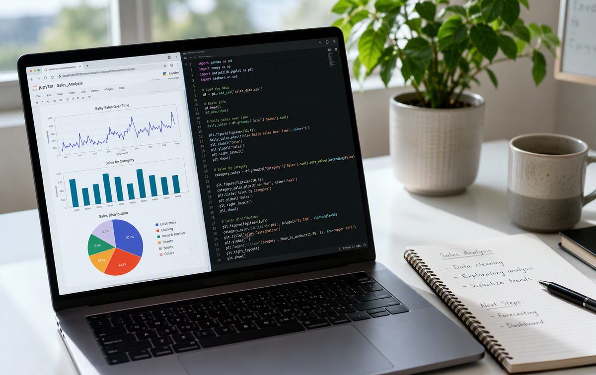 Laptop showing Python code with data charts next to a handwritten notebook