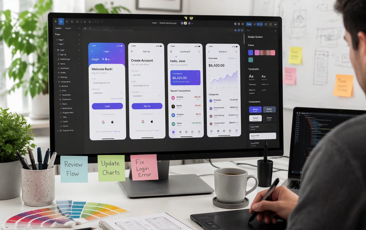 Monitor with colorful modern app UI mockups and a component library