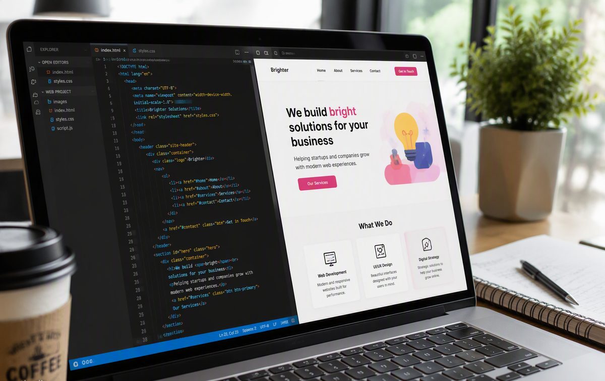 Laptop showing a website being built in a code editor